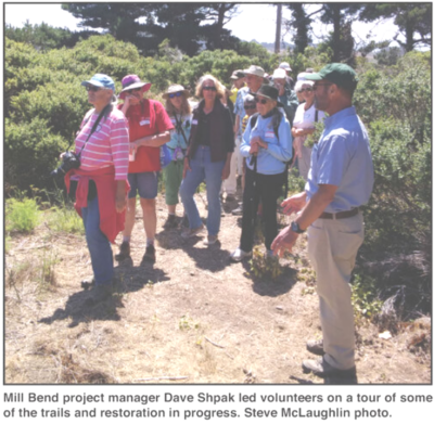 Mill Bend project manager Dave Shpak led volunteers on a tour of some of the trails and restoration in progress. Steve McLaughlin photo.