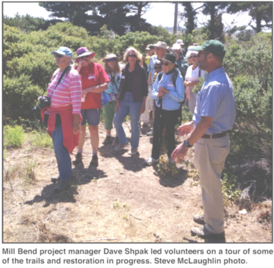 Mill Bend project manager Dave Shpak led volunteers on a tour of some of the trails and restoration in progress.  Steve McLaughlin photo.